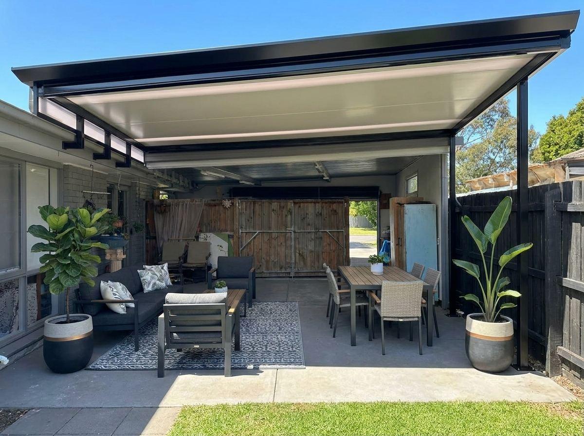 A roofed patio cover over a courtyard behind a house