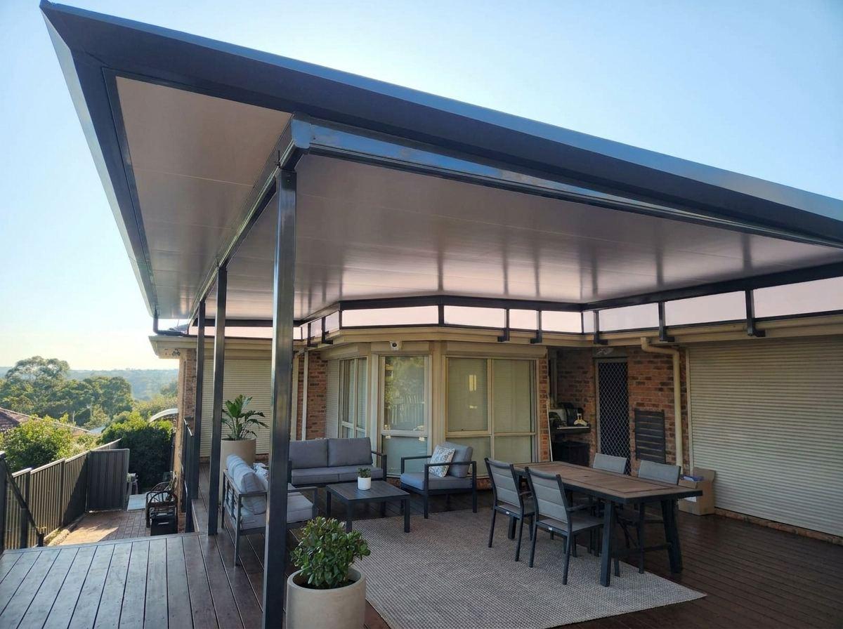 A skillion-roof verandah attached to the back of a house