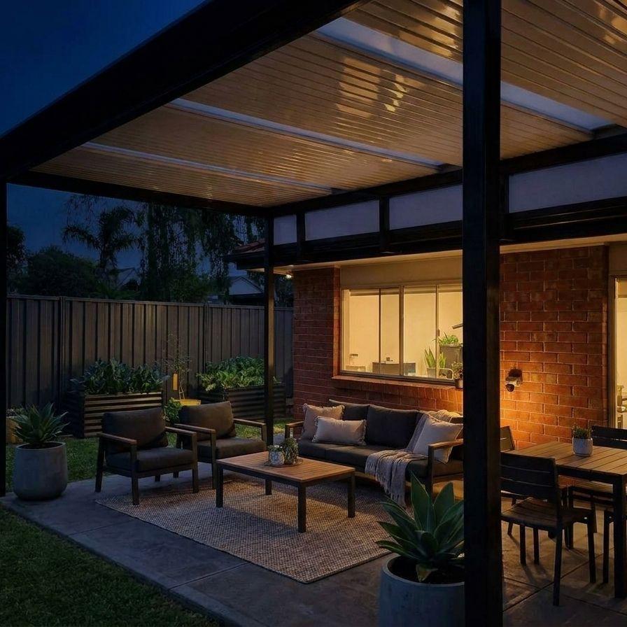 Verandah with outdoor living area, lit at night
